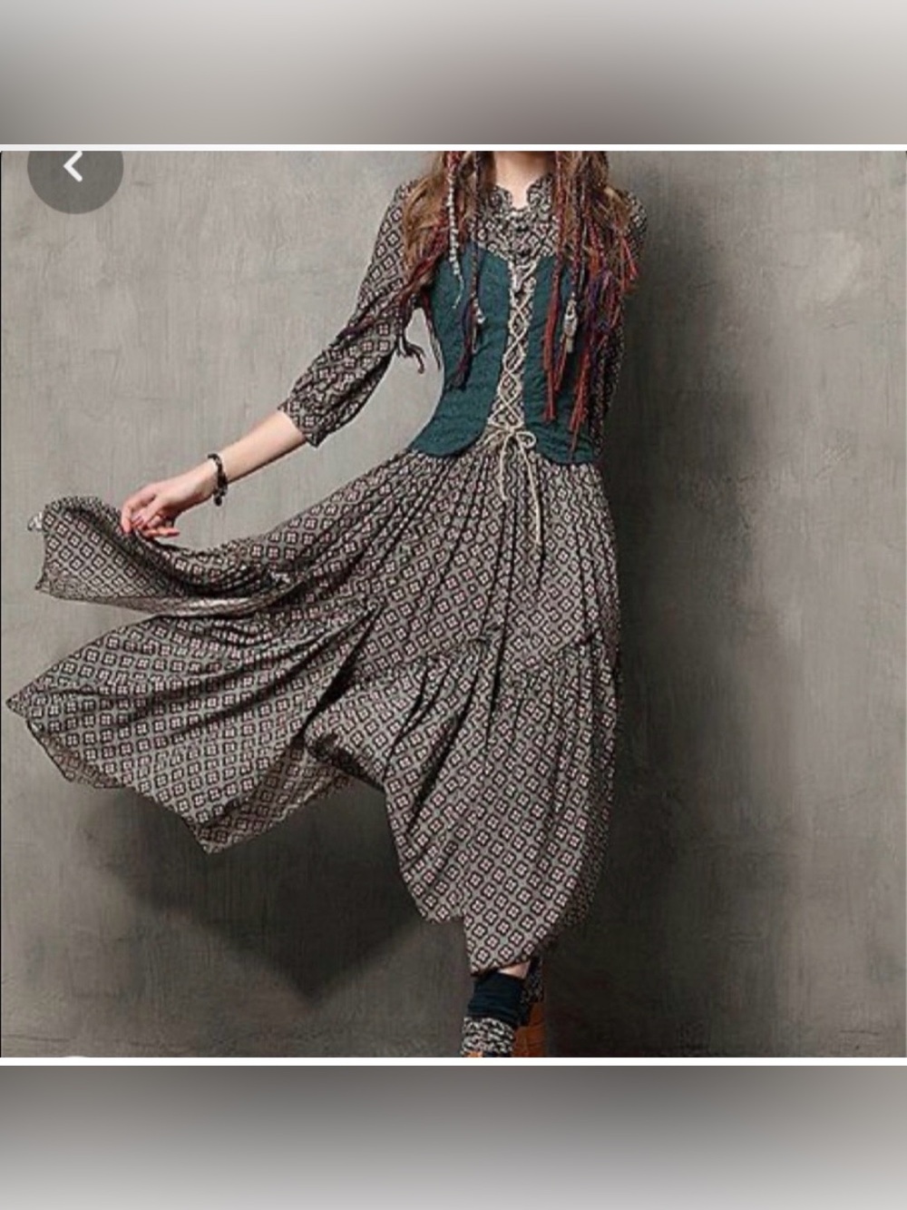 Keer Qiaowa Boho Prairie Lace Up Vest Overlay Cottagecore Midi Dress Size M